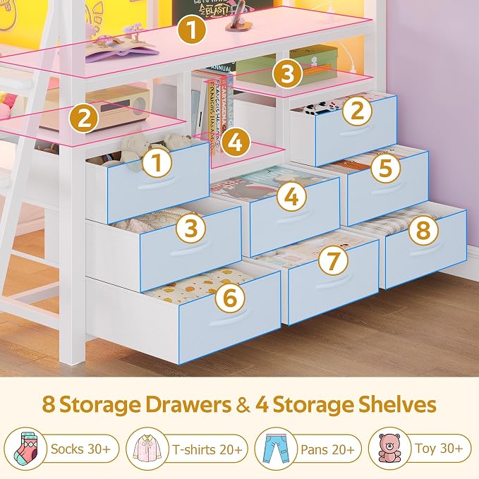 busyaeh Bunk Bed Twin Over Twin,Low Bunk Bed with 8 Drawers & 4 Shelves & 15" H Safety Guardrail,Metal L-Shaped Twin Bunk Bed with LED Lights and Charging Station,Floor Bunk Beds with Ladder,White