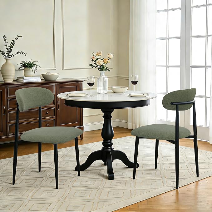 FREKEN Modern Upholstered Dining Chairs Set of 2, Mid-Century Metal Frame Linen Fabric Side Chair for Kitchen Dining Room, 350lbs Capacity, Green