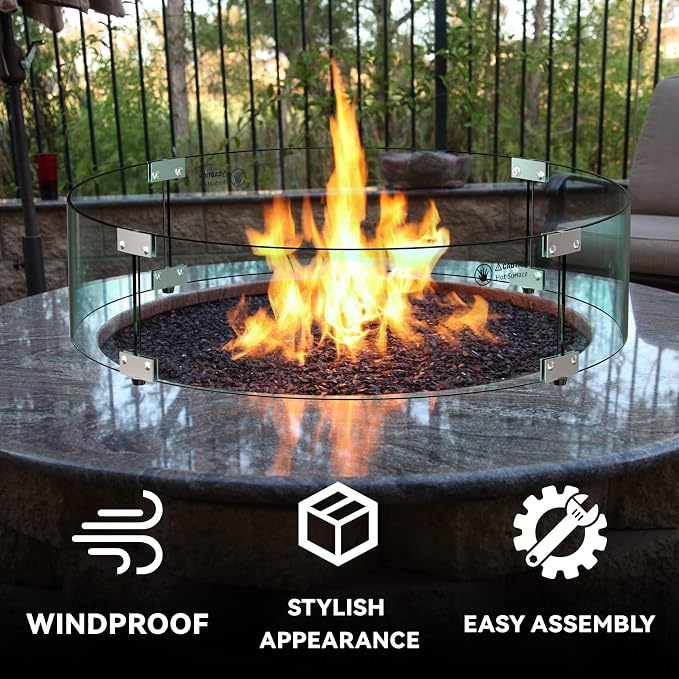 Skyflame 29" Round Glass Wind Guard, Upgraded Prevent Falling Apart Thick/Clear Tempered Glass Panel with Hard Aluminum Corner Bracket & Feet for 24" Round Fire Pit Burner Pans