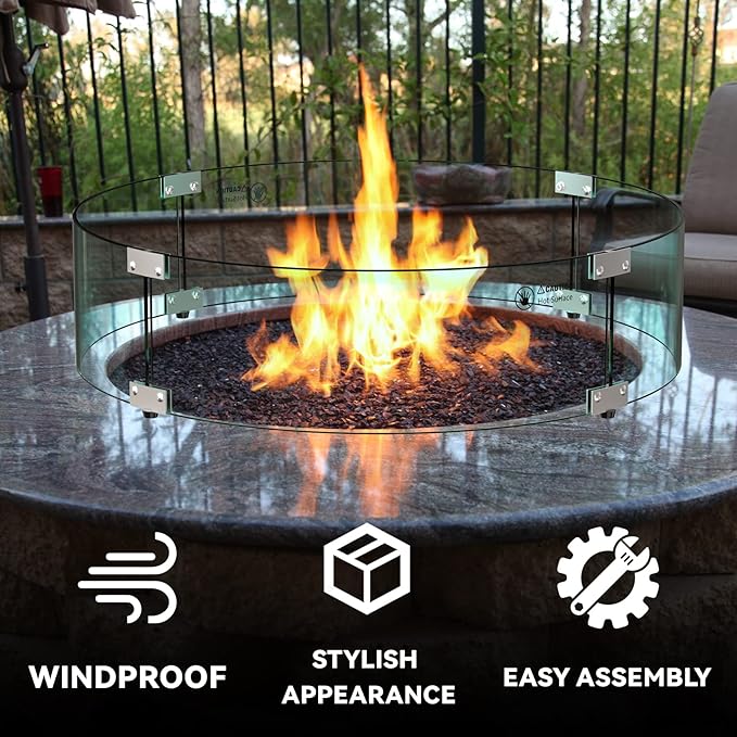 Skyflame 24" Round Fire Pit Glass Wind Guard, Thick & Clear Tempered Glass Flame Shield with Bracket & Feet, Fit for Outdoor Propane/Natural Gas Fire Pit/Table