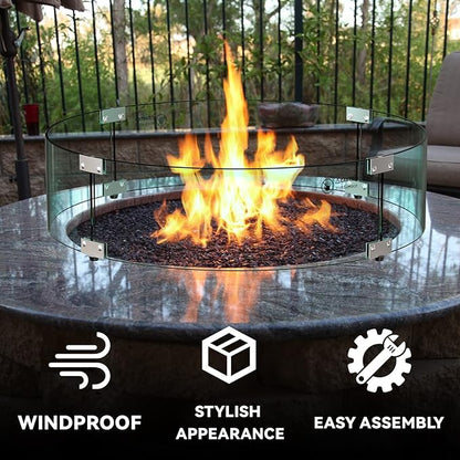 Skyflame 24" Round Fire Pit Glass Wind Guard, Thick & Clear Tempered Glass Flame Shield with Bracket & Feet, Fit for Outdoor Propane/Natural Gas Fire Pit/Table