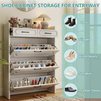Shoe Cabinet with 3 Large Flip Drawers and 2 Storage Drawers, Narrow Shoe Organizer Cabinet Fits for Kinds of Shoes, Slim Shoe Storage Cabinet for Entryway, Hallway, Light White