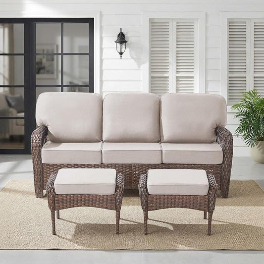 Belord Luxury Outdoor High Back Couch with Ottoman, All-Weather Wicker 3-Seater Sofa, 3 Piece Patio Conversation Furniture Set,Beige