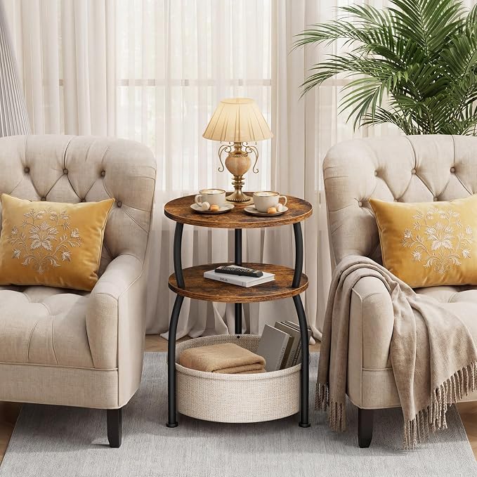 Round Side Table with Storage Basket for Living Room Rustic Brown | Small Table for Small Space 3-Tier Side Table for Bedroom, Garden, Sofa Couch Table Bedside Nightstand, Rustic Brown