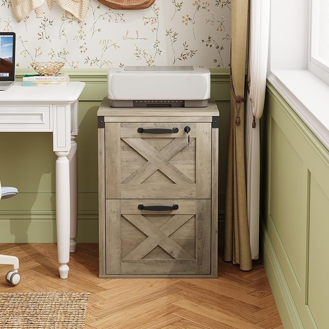 DEVAISE 2 Drawer File Cabinet with Lock, Wood Farmhouse Filing Cabinet for Home Office, Printer Stand Fits Letter and A4 Size, Gray Oak