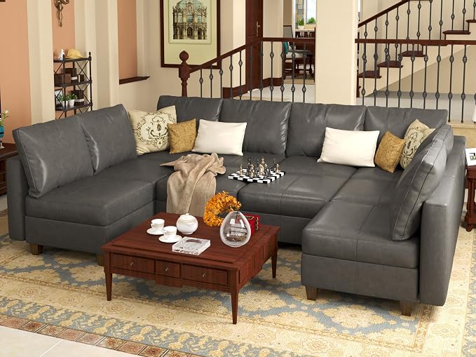EASE MOOSE Modualr Sectional Couch U Shaped Sofa with Storage Ottomans, Gray Faux Leather Sectional Sofa Modular Couch