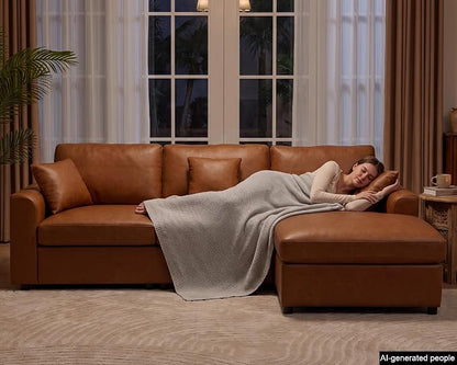 100" Faux Leather Modular Sectional Sofa for Living Room, Oversized 3 Seater L Shaped Cloud Couch with Ottoman, Extra Large Deep Seat, Pet-Friendly, Easy to Clean, Brown