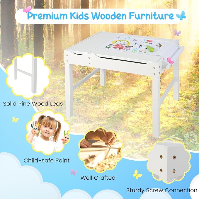HONEY JOY Kids Table, 2 in 1 Toddler Wooden Activity Table with Paper Roll, Convertible Building Block Tabletop, 3 Storage Compartments, Children Furniture Set for Daycare, Playroom, White