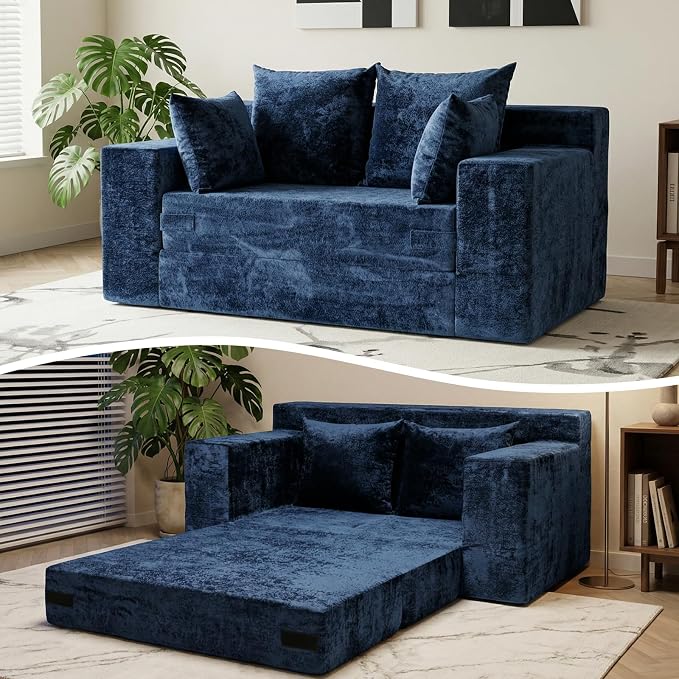 Boneless Loveseat Sofa Bed, 3-in-1 Convertible Sofa Bed Sleeper Sofa Floor Futon Couch for Living Room, Velvet-Blue