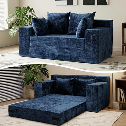 Boneless Loveseat Sofa Bed, 3-in-1 Convertible Sofa Bed Sleeper Sofa Floor Futon Couch for Living Room, Velvet-Blue