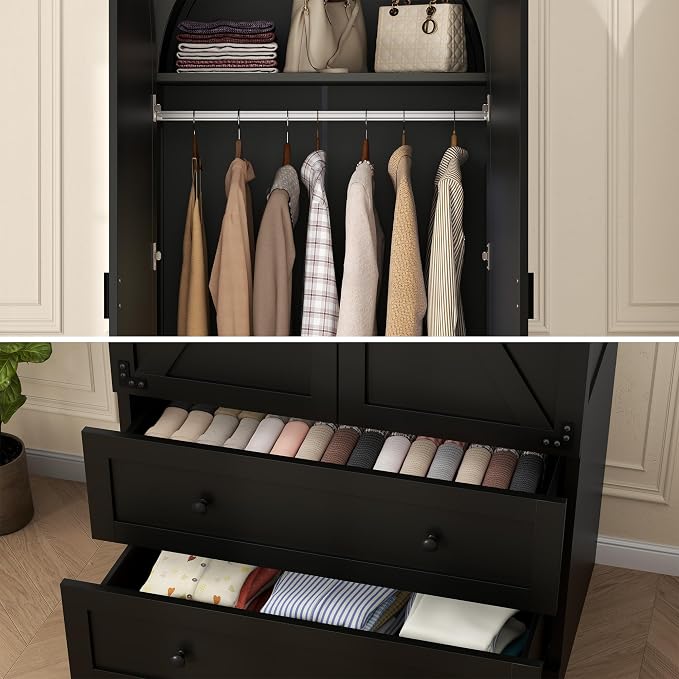 Gyfimoie Black Armoire Wardrobe Closet with 2 Drawers, 75" Wooden Wardrobe with 2 Doors, Freestanding Closet Armoire Cabinet with Hanging Rack, Clothing Storage Cabinet for Bedroom (Black)