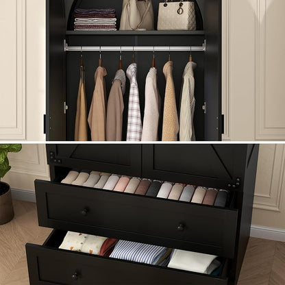Gyfimoie Black Armoire Wardrobe Closet with 2 Drawers, 75" Wooden Wardrobe with 2 Doors, Freestanding Closet Armoire Cabinet with Hanging Rack, Clothing Storage Cabinet for Bedroom (Black)