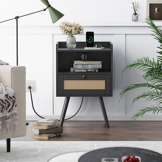 SUPERJARE Nightstands with Charging Station, Bedside Table Set of 2 with PE Rattan Drawers, Rattan Side Table with Storage & Solid Wood Feet, End Table for Bedroom, Black