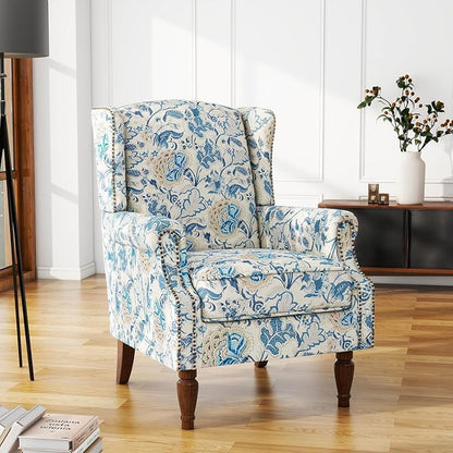 High Back Floral Accent Chair, Fabric Upholstered Armchair Wingback Arm Chair for Living Room, Nailhead Trim Single Sofa Bedroom Side Reading Seat with Retro Solid Wood Legs - Boho Blue
