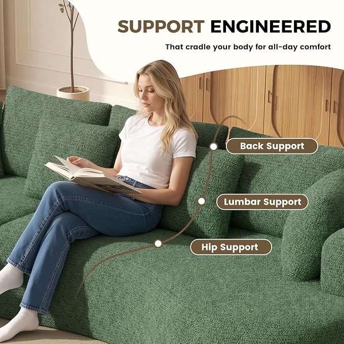 126" Oversized Curved Sectional Sofa for Living Room, Boneless Modern Couch with Chaise, Cloud Couch with 7 Pillows, No Assembly, Green 1PCS