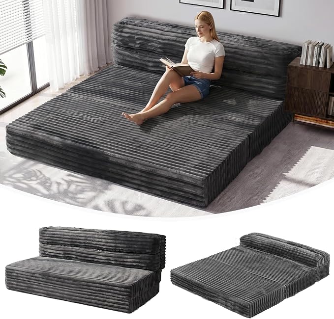 Erament Tri-Fold Futon Sofa Bed, 6 Inch Foldable Floor Couch, High-Density Foam Convertible Sleeper Sofa with Removable Washable Corduroy Cover, Portable Floor Mattress for Living Room (Grey, Full)