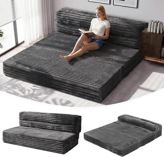 Erament Tri-Fold Futon Sofa Bed, 6 Inch Foldable Floor Couch, High-Density Foam Convertible Sleeper Sofa with Removable Washable Corduroy Cover, Portable Floor Mattress for Living Room (Grey, Full)