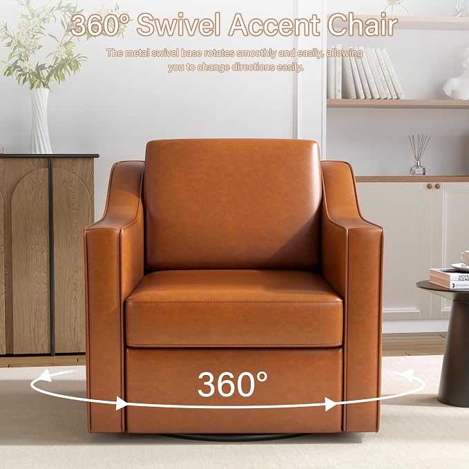 Swivel Accent Chairs Set of 2, 360° Swivel Upholstered Faux Leather Club Armchairs for Living Room, Comfy Single Sofa Reading Chair with Deep Seat, Metal Swivel Base, Light Brown