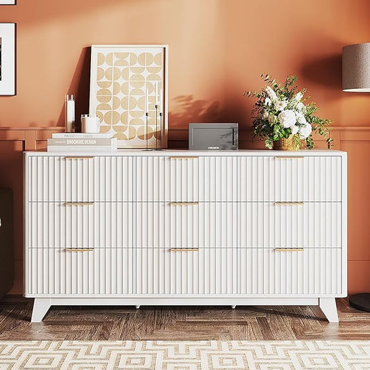 VINGLI 9 Drawer Dresser White Fluted Dresser for Bedroom with Rounded Edges, 57" Long Wood Dressers White and Gold, 57" W*15.75" D*29.92" H