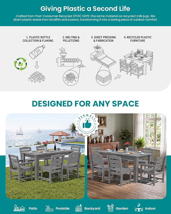 SERWALL 59" HDPE Outdoor Dining Set for 8, w/ 2 Tables & 8 Armchairs, Gray