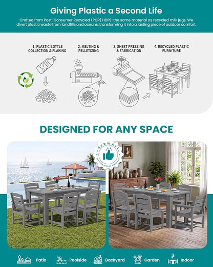 SERWALL 59" HDPE Outdoor Dining Set for 8, w/ 2 Tables & 8 Armchairs, Gray