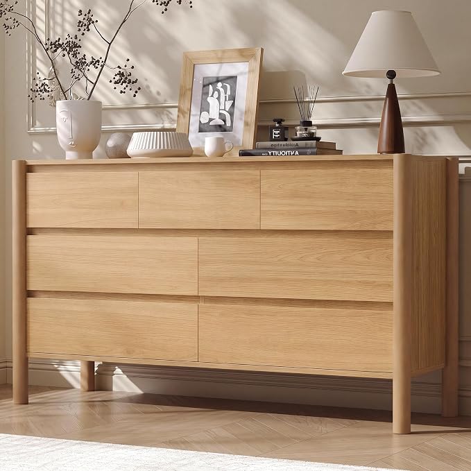 CHUWELL 3-Piece Bedroom Dresser Set-7 Drawer Dresser & 2 Nightstands,51" Wide Oak Dresser and Night Stands with Solid Wood Cylindrical Legs