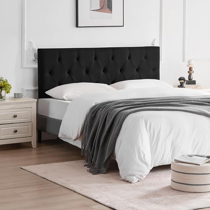 Linen Headboard King Size, Adjustable Height Headboard 37-51 in, Black | Diamond Tufting Solid Wood King Headboards, Durable Metal Legs, Upholstered King Head Board for Bed Frame, Modern Fabric