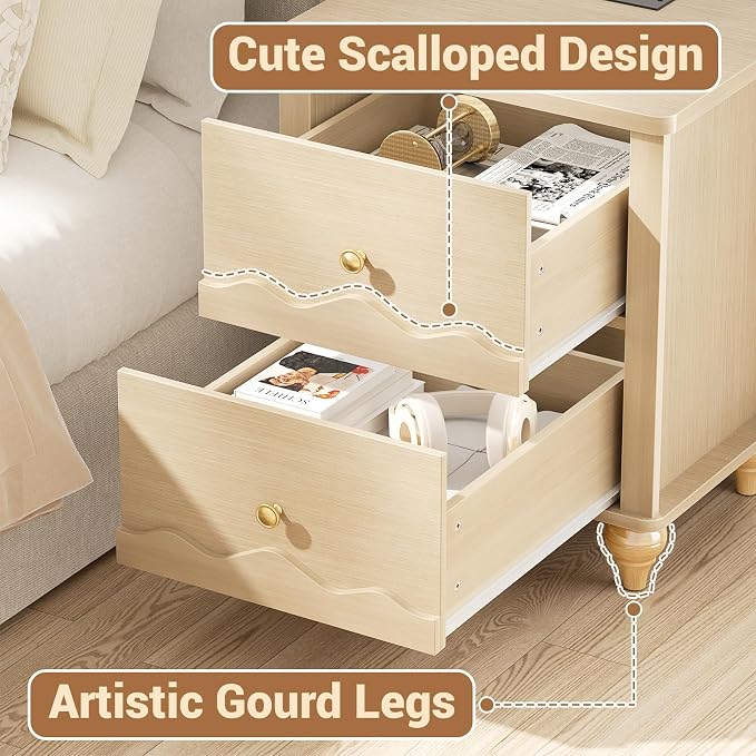 Cyclysio Natural Wood Nightstand with Charging Station Set of 2, Scalloped Bedside Table with 2 Smooth Drawers, Modern End Table with Solid Wooden Legs for Bedroom and Small Spaces