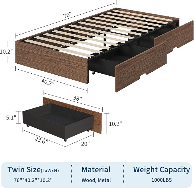 GarveeHome Twin Size Wood Platform Bed Frame with 2 Storage Drawers, Wooden Bed Frame Without Headboard, Wood Slat Support, No Box Spring Needed, Easy Assembly