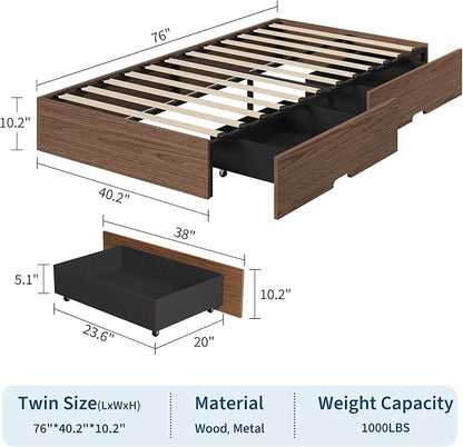 GarveeHome Twin Size Wood Platform Bed Frame with 2 Storage Drawers, Wooden Bed Frame Without Headboard, Wood Slat Support, No Box Spring Needed, Easy Assembly