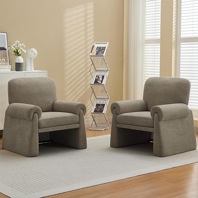 Accent Chairs Set of 2, Modern Living Room Chairs, Comfy Single Sofa Chair with Thick Cushion and Armrests, Upholstered Reading Club Chair, Arm Chair for Living Room Bedroom, Grey