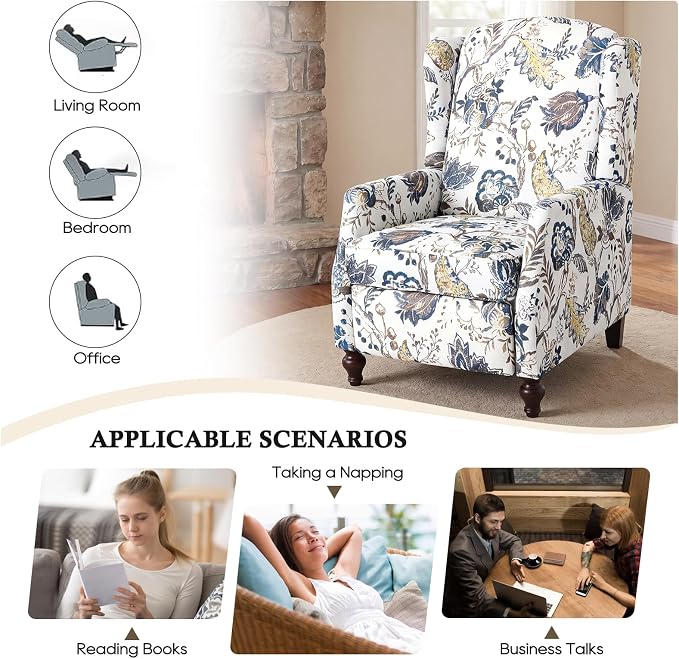 Upholstered Wingback Recliner Chair, Mid Century Modern Manual Push Back Recliner for Living Room, Bedroom (2, Blue & White Floral)