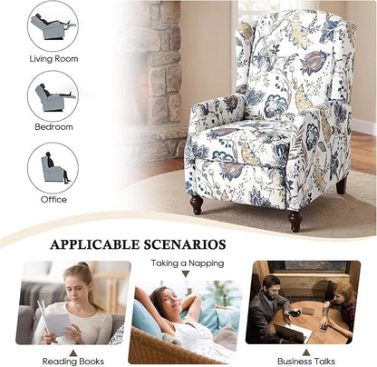 Upholstered Wingback Recliner Chair, Mid Century Modern Manual Push Back Recliner for Living Room, Bedroom (2, Blue & White Floral)