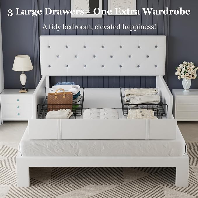 VECELO Queen Size Bed Frame with 3 Storage Drawers, Leather Upholstered with Diamond Tufted Headboard, Solid Wood Slat Support & Steel Framework, PU & White