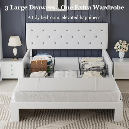 VECELO Queen Size Bed Frame with 3 Storage Drawers, Leather Upholstered with Diamond Tufted Headboard, Solid Wood Slat Support & Steel Framework, PU & White