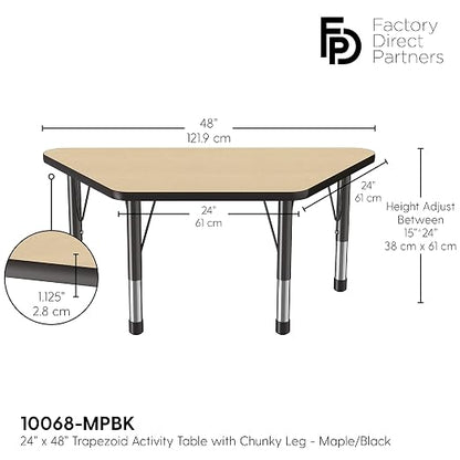 FDP Trapezoid Activity School and Classroom Kids Table (24 x 48 inch), Chunky Toddler Legs for Collaborative Seating Environments, Adjustable Height 15-24 inches - Maple Top and Black Edge