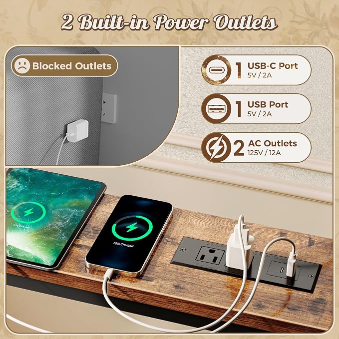 Huuger Narrow Sofa Table with 2 Power Outlets, 86.6-110.2 Inch Adjustable Length, Behind the Couch Table with USB-C Port, Long Entryway Console Table, Anti-tip Kit, for Living Room, Rustic Brown