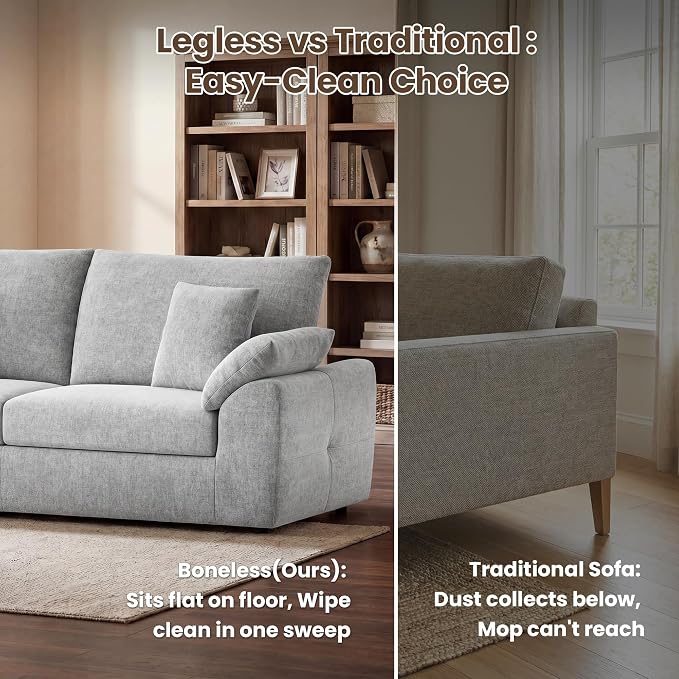 90" Boneless Loveseat Sofa, Polyester Fabric 2-Seater Couch with 4 Pillows, No Assembly Required, Soft High Density Foam Cushion, Pillow Armrest for Living Room Bedroom Apartment (Grey)