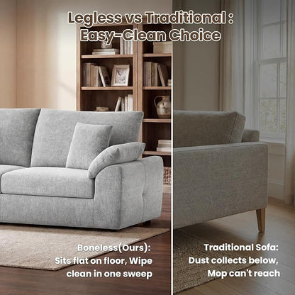 90" Boneless Loveseat Sofa, Polyester Fabric 2-Seater Couch with 4 Pillows, No Assembly Required, Soft High Density Foam Cushion, Pillow Armrest for Living Room Bedroom Apartment (Grey)