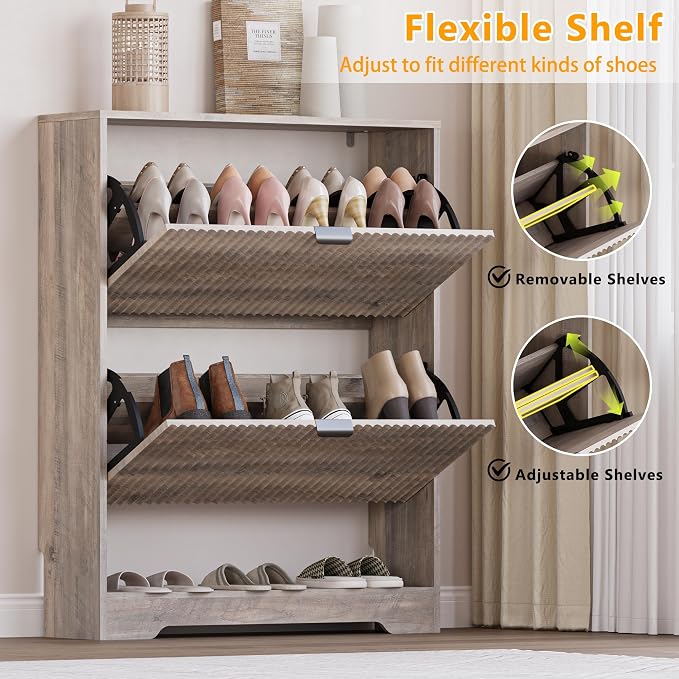 BORNOON Shoe Cabinet with 2 Flip Drawers, Fluted Shoe Storage Cabinet with Adjustable Shelves, Freestanding Rack and Organizer for Entryway, Closet, Hallway
