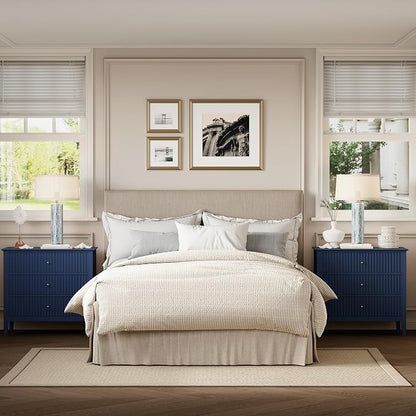 RoyalCraft 32" Large Nightstand Set of 2, Fluted Painted Wood Dresser with 3 Spacious Drawers, Blue Modern Bedside Table for Bedroom