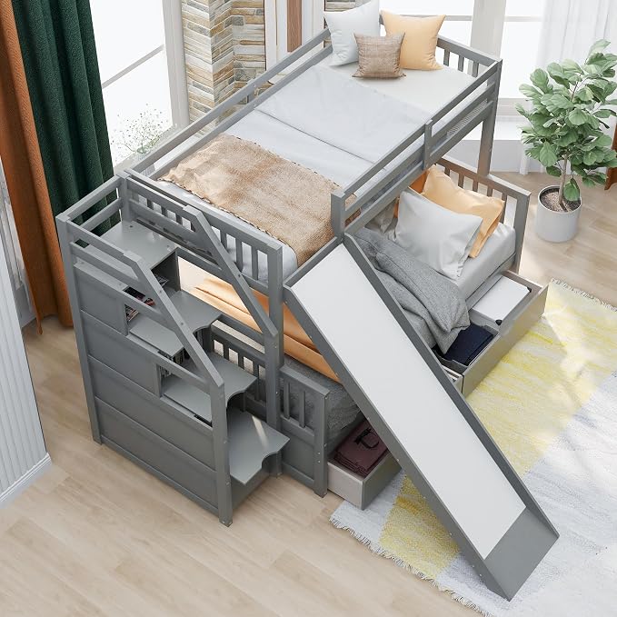 RUNNA Twin Over Full Bunk Bed with Slide,Storage Drawers,Play House,Grey | Twin over full bunk bed with slide,storage,ladder,play house design,solid wood frame,guardrails,no box spring needed,grey