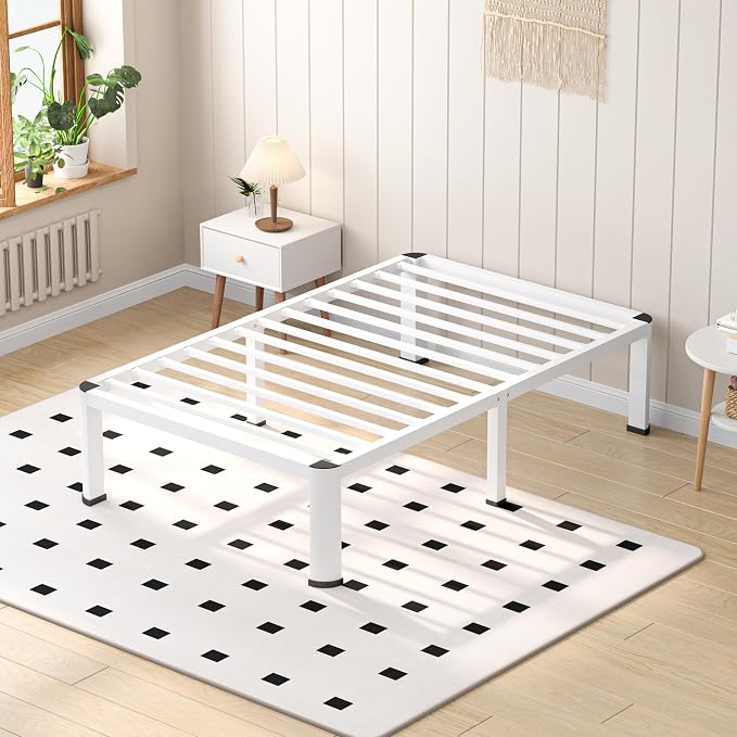 VIPSHOW 18 Inch White Twin Heavy Duty 3500 lbs Bed Frame with Round-Corner Legs & Anti-Squeak Design – Quick Assembly Metal Platform, No Box Spring Needed
