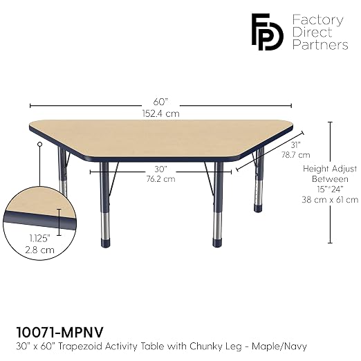 FDP Trapezoid Activity School and Classroom Kids Table (30 x 60 inch), Chunky Toddler Legs for Collaborative Seating Environments, Adjustable Height 15-24 inches - Maple Top and Navy Edge