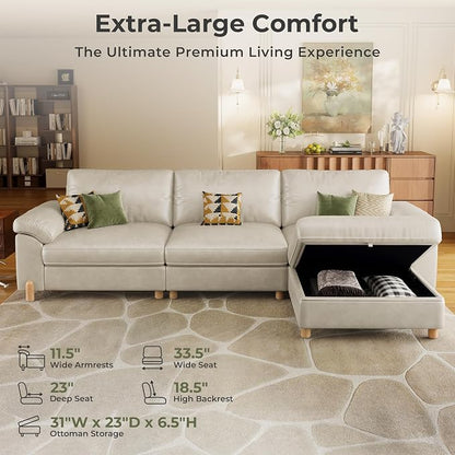 SITJOY Large Cloud Couch, 118" Wide 3 Seater L Shape, Faux Leather in White | Pet-Friendly Scratch-Resistant Leather Sectional Sofas for Living Room, Deep Seat Wide Couch with Chaise, Storage Ottoman