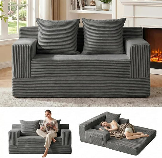 Erament Convertible Sofa Bed, Loveseat Folding Floor Futon Sleeper Sofa Couch Bed- Boneless Foldable Couch, Corduroy Pull Out Sofa Bed with 2 Pillows for Living Room & Bedroom