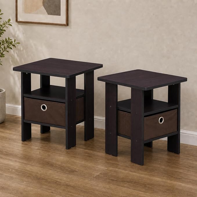 Furinno TIDUR Night Stand Set of 2, Nightstand with Storage, Dark Walnut | Open Shelf Design, Bedside Table, End Table, Side Table for Bedroom, Living Room