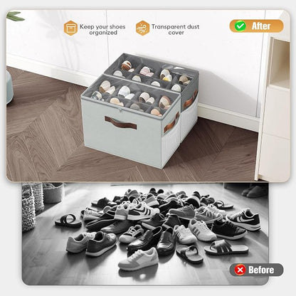 Budding Joy 2 Pack Shoe Organizer for Closet, Clear Foldable Shoe Storage Containers Adjustable Dividers Fits 16 Pairs,Shoe Storage Bins Baskets Boxes with Reinforced Handles Light Grey Greenish Grey | Farbic shoe storage organizer box bin with clear c...