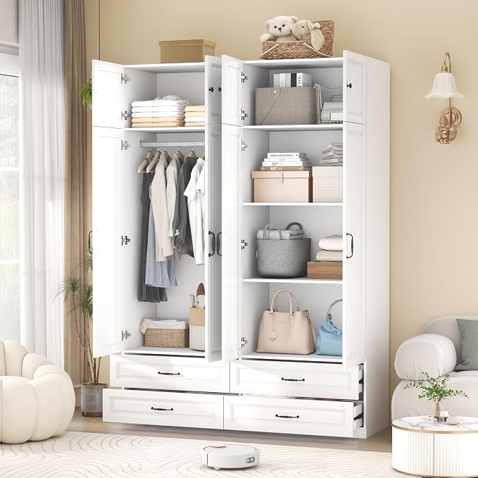 Armoire Wardrobe Closet with 4 Drawers: 88" White Bedroom Closet, Wood Wardrobe Closets with 4 Doors, Tall Armoire Cabinet and Storage Shelves for Clothing (63")
