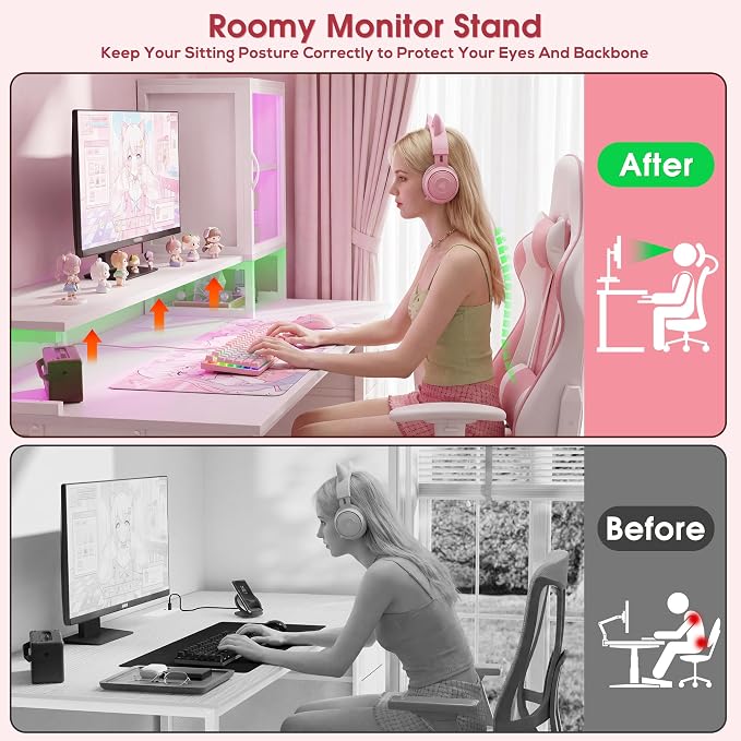 DurayLoly 47" White Computer Desk with 2 Acrylic Cabinet & 3 Fabric Drawers | Integrates Ample Storage & Display, Great Fit for Small Spaces, Outlets Suitable for Studying, Working & Gaming Equipments